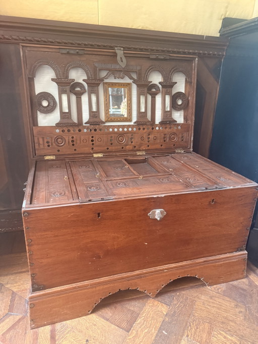 Cofre de viaje antiguo angloindio de teca / Cofre Mandalay (ca. 1880) – opbergkast, Wood
