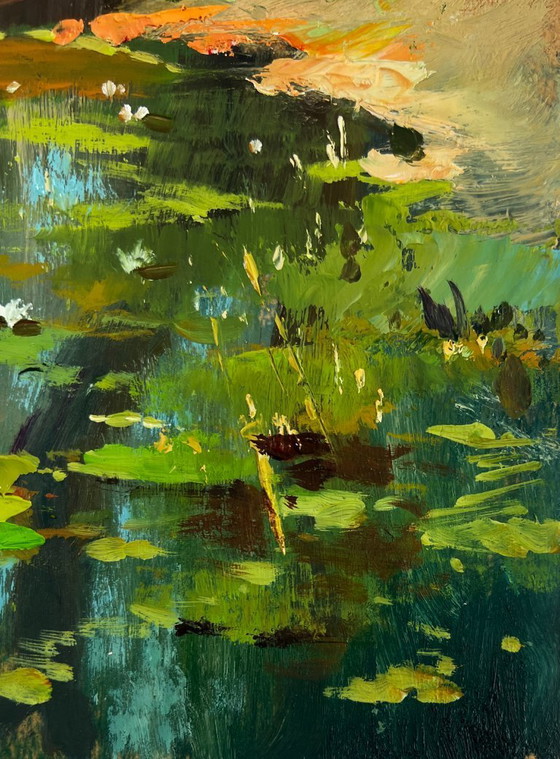 Image 1 of Original Oil Painting Summer Lake Landscape Fisherman's boat