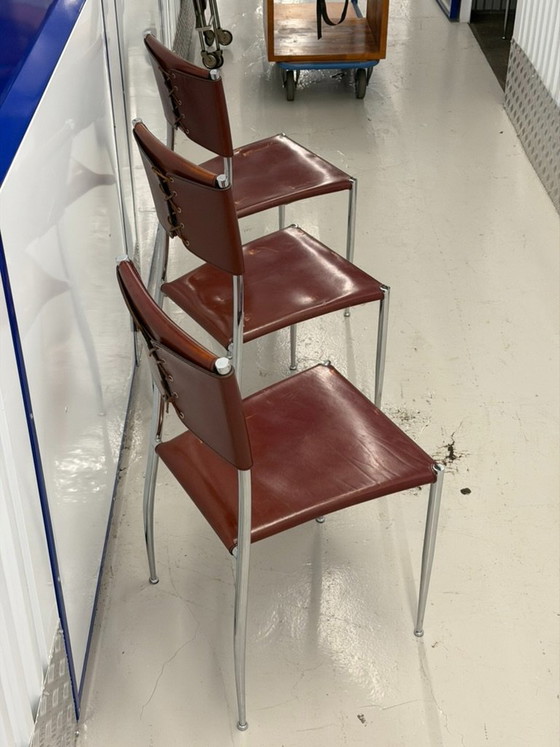 Set of 3 Vintage Fasem "Ginger" Cognac Leather & Chrome Dining Chairs, Italy 1980s – Eetkamerstoelen, Metal (photo 2 of 9)
