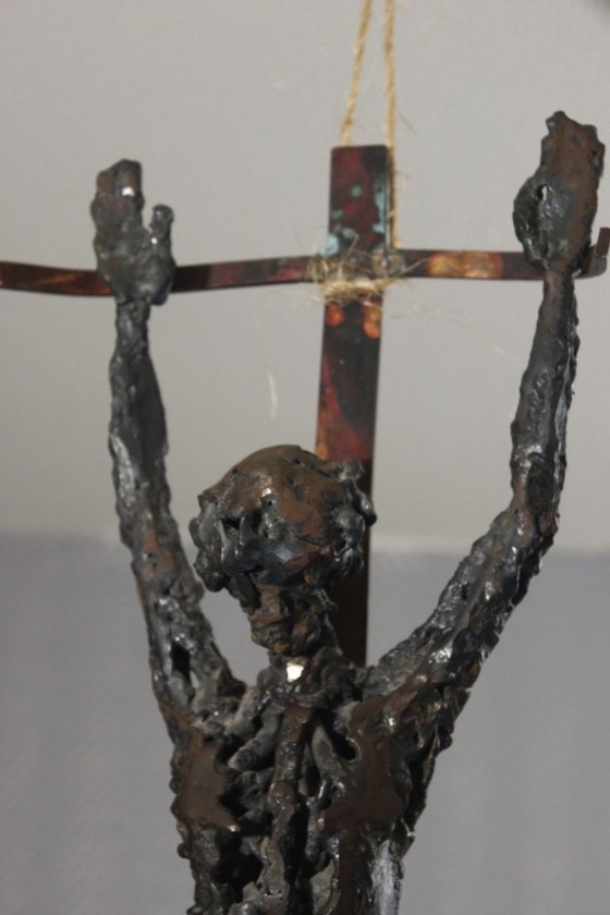 Image 1 of Brutalized crucifixion sculpture in welded iron, bronze, and copper, 1970s, signed