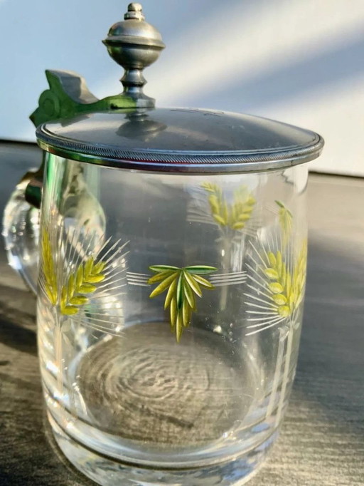 Boccale da birra antico con coperchio in peltro e smalto dipinto a mano (0,4 l)