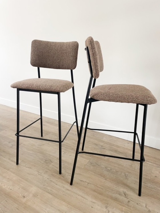 Image 1 of Reupholstered bar stool - brown bouclé - 2 pieces