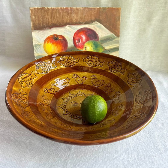 Image 1 of Large 30cm Claire Landolt Signed Swiss Studio Pottery Bowl - Sun Face