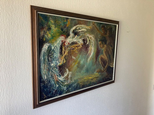 Origineel Schilderij Hanengevecht