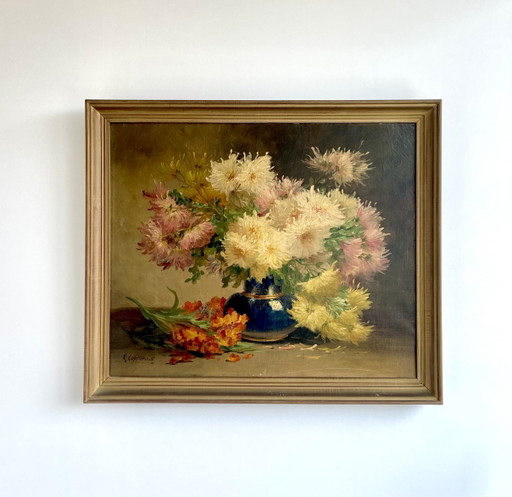 Signed Floral Still Life by Edmond Van Coppenolle, Oil on Canvas, 19th Century – schilderijen tekeningen, Wood
