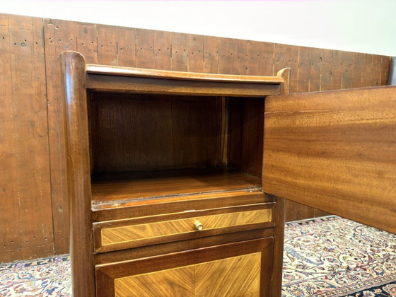 Set of Classic English Nightstands with Books and Marquetry, Leather, Wood, Brown (photo 10 of 14)