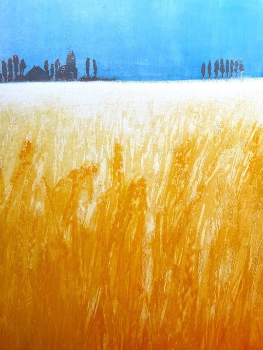 Weizenfeld. Farbradierung von Margo Ellen.