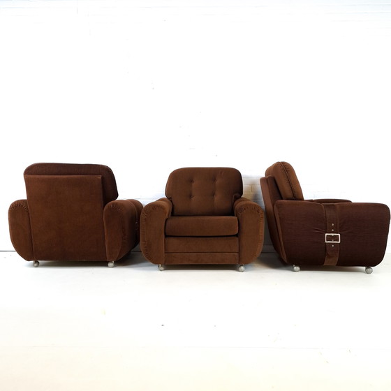 Image 1 of 3 fauteuils vintage en velours côtelé marron foncé, années 70