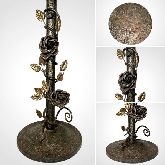 Image 1 of French Gueridon Wrought Iron Side Table - Vintage Embossed Metal Top Floral Plant Stand
