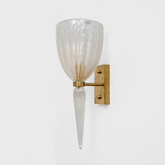 Image 1 of Pair of Italian Murano Iridescent Glass and Brass Wall Sconces