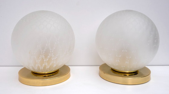 Image 1 of Paire de lampes de table boules en laiton et verre de Murano, Mid-Century Modern, années 70