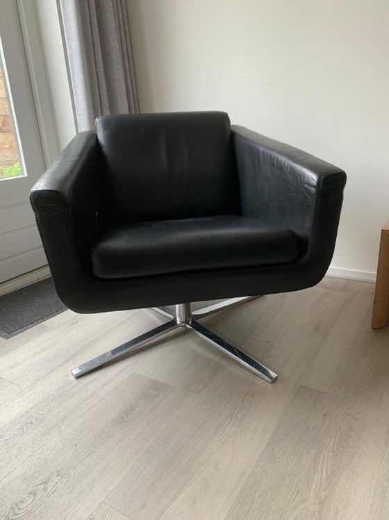 Black leather armchair with footrest, Fsm pavo, Chrome, Modern (photo 3 of 5)