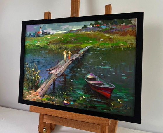 Image 1 of Original Oil Painting Summer Bridge Landscape Girls are walking by the river
