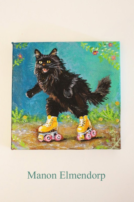 Unique Hand-Painted Small Painting of a Roller Skating Cat – schilderijen tekeningen, Canvas, Wood