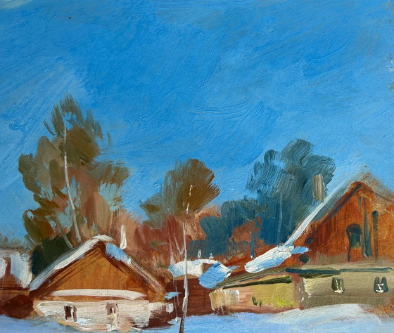 Image 1 of Original Oil Painting Winter Village Landscape Quiet village in winter