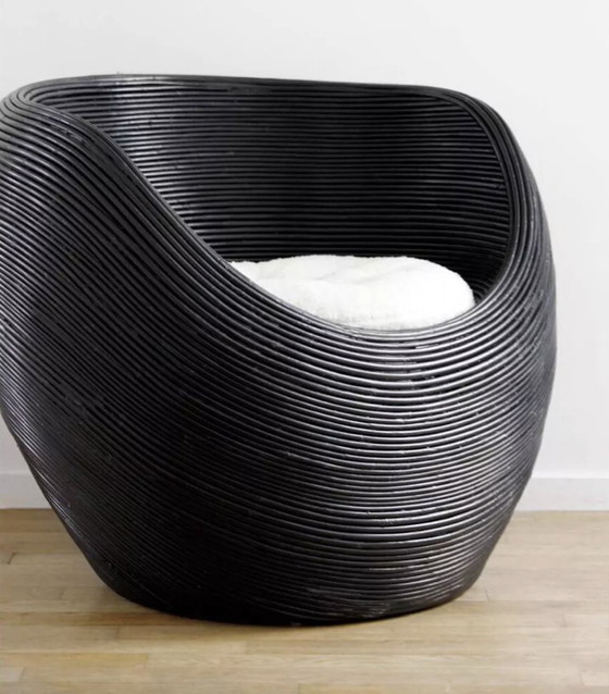 Image 1 of Black Wicker Armchair and Ottoman