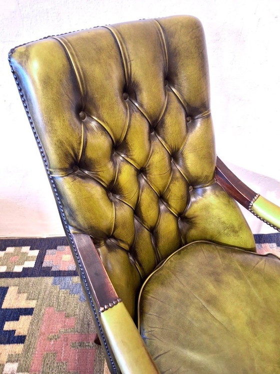 Image 1 of Mid Century Olive Green Tufted Leather Chesterfield Library Armchair, 1970s