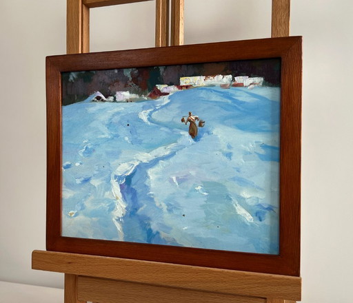Original Oil Painting Winter Village Landscape Along the snowy paths