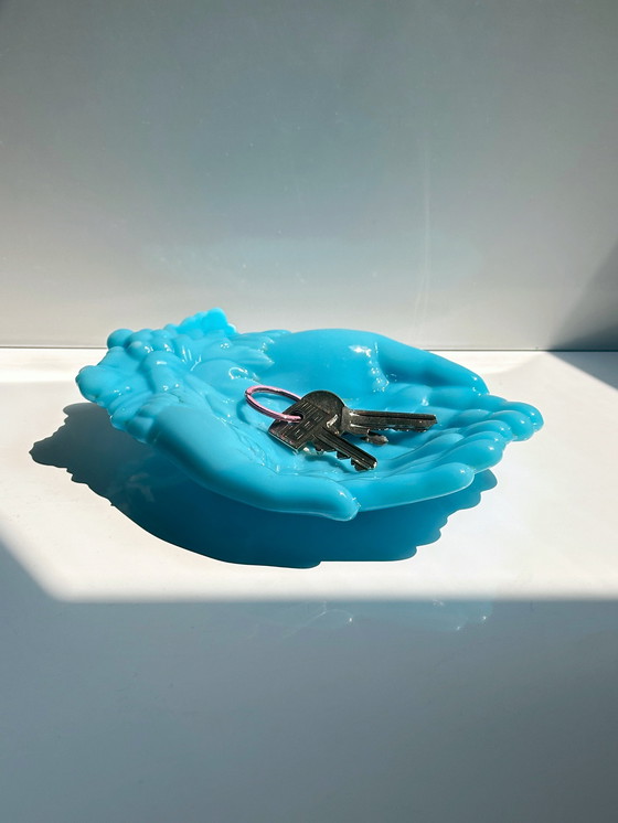 Image 1 of Vallérysthal Ciotola opalina Vide Poche Mani Vite Art Nouveau Vetro Opale Vetro Latte Blu Celeste 1900