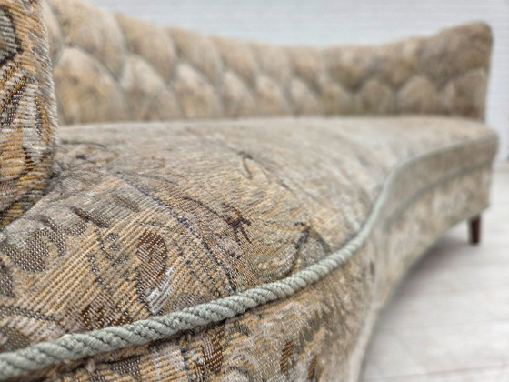 Image 1 of Anni '70, divano danese a 3 posti curvo, tessuto originale multicolore, legno di faggio.