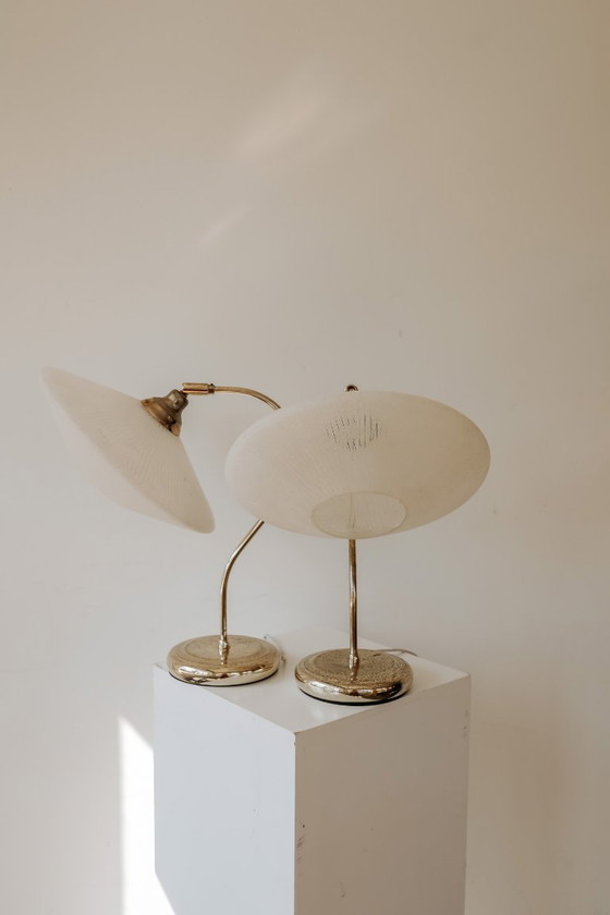 Image 1 of Set of 2 vintage brass table lamps with glass shades