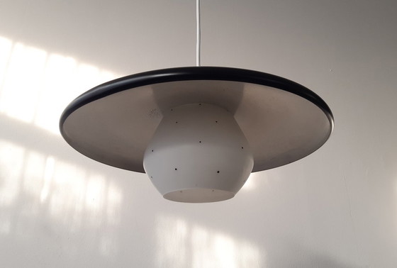 Image 1 of Vintage milk glass UFO-shaped pendant lamp with metal saucer, mcm lamp