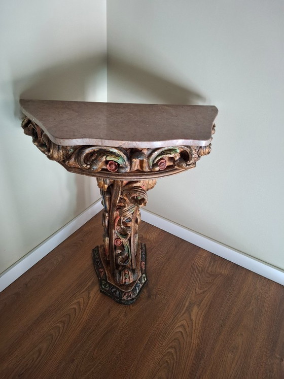 Image 1 of Antique Portuguese Gilded Console Table with Marble Top - 19th Century Carved Wood - Hand-Painted Polychrome Details - VGC