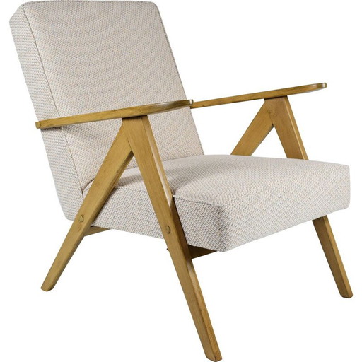 Poltrona vintage polacca B-310 VAR beige con tessuto bronzo, legno di quercia, anni '60
