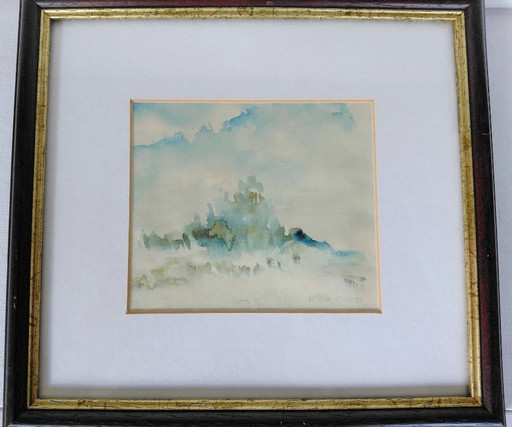 Aquarelle minimaliste et atmosphérique 'Vue dans les dunes' - Signé V. de Cock