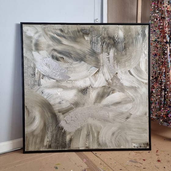 Image 1 of Frances Eckhardt - Peinture abstraite moderne peinte à la main, art contemporain beige argenté 100x100