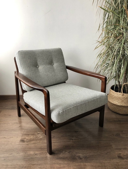 Mid - Century Armchair Gray Herringbone Fabric by Z. Baczyk 1970