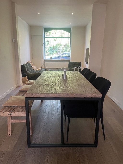Weathered Elm Dining Table and Bench – eettafels, Metal, Wood