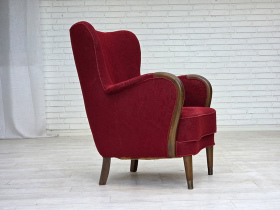 Image 1 of 1960s, fauteuil danois, état original, tissu en laine, pieds en bois de hêtre.