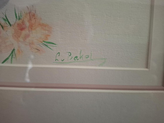 Original Signed Watercolor – Flower Still Life – L. V. Bakel – Framed Behind Glass – Paintings & Drawings (photo 3 of 6)