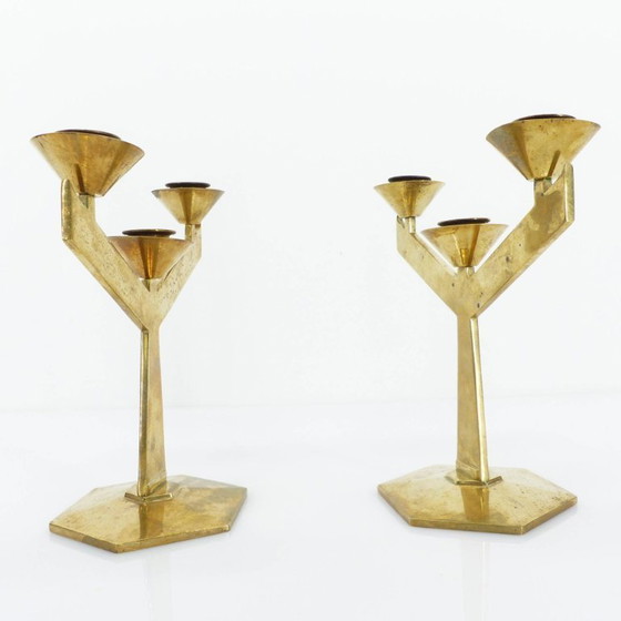 Image 1 of Coppia di candelieri modernisti a tre bracci in ottone massiccio, circa 1960