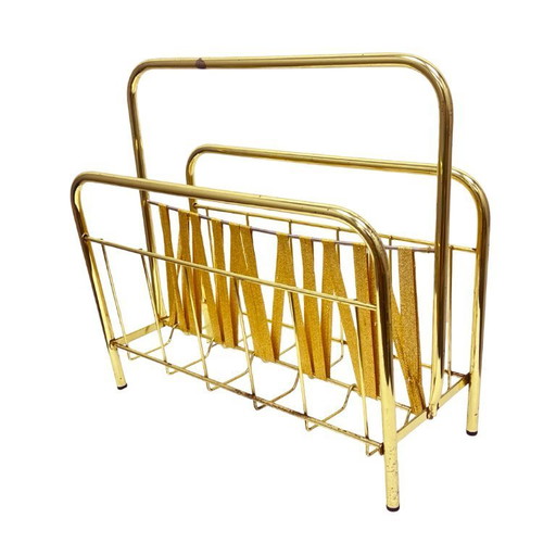 Vintage krantenrek van messing en stof, jaren 70, Duitsland, Hollywood Regency-stijl.