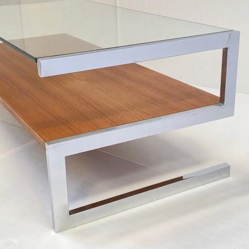 Vintage salontafel uit de jaren 60 van verchroomd staal met teakfineer en glazen blad. DLG Belgo Chrome