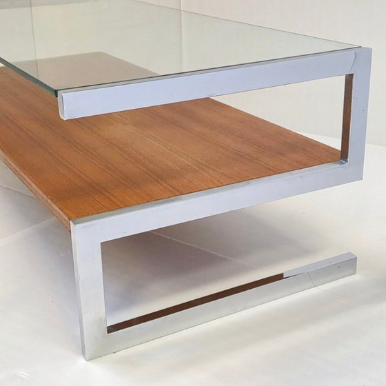 Image 1 of Vintage salontafel uit de jaren 60 van verchroomd staal met teakfineer en glazen blad. DLG Belgo Chrome