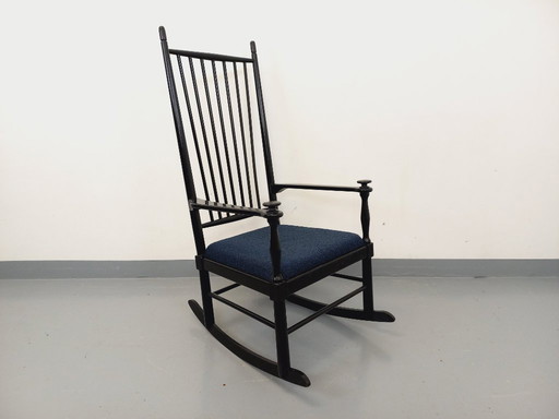 Fauteuil rocking-chair suédois de Karl Axel Adolfsson pour Gemla vintage en bois noir et tissu bouclette des années 50 60