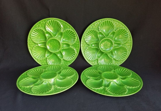 Image 1 of Set of 4 Vintage French Green Oyster Plates | Majolica Style Ceramic Seafood Serving Plates