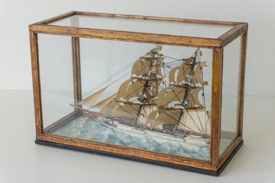 Image 1 of Antique Maritime Diorama - Handmade Boston Ship Model "Cherokee" in Display Case (ca. 1900)