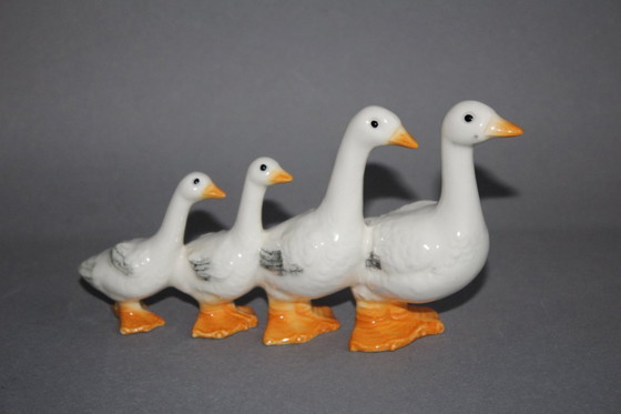 Image 1 of Goebel cute goose family in single file, vintage art ceramic from the 1960s