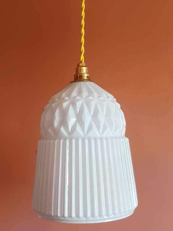 Image 1 of 2x vintage white glass pendant lights