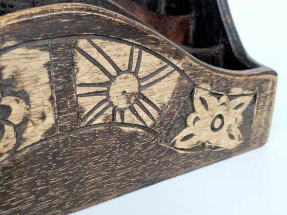Image 1 of Vintage Hand Carved Walnut Desk Organizer Letter Holder with Botanical and Sun Motifs