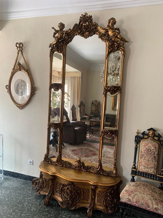 Monumental gilded Rococo style Mirror with chest – Wood (photo 3 of 11)