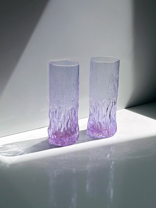 6 Vintage Alexandrit Glas Longdrink Gläser Baumrinde Iris Arnolfo di Cambio Sergio Asti Space Age Brutalist Neodymium Italien