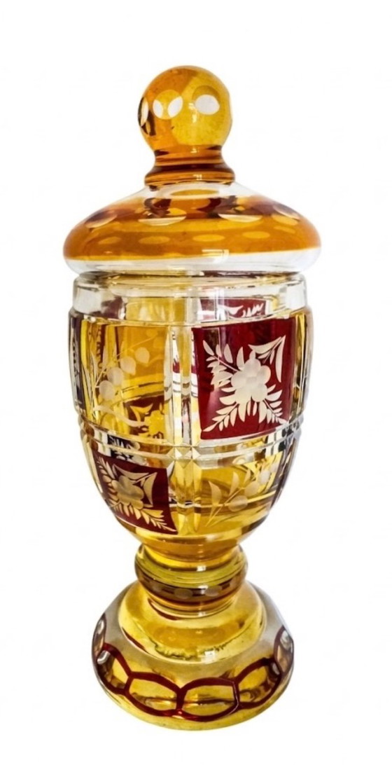 Vaso con coperchio Veritable Boheme in vetro ambra e rosso, Oggetti decorativi, Vintage (foto 7 di 7)