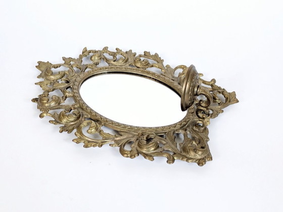 Image 1 of Vintage Brass Mirror Wall Sconce Candle Holder Rococo Scrollwork Hollywood Regency 1960s