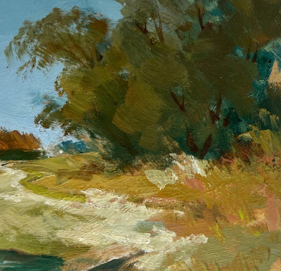 Image 1 of Original Oil Painting Summer Bridge Landscape The road to the village