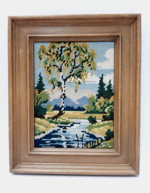 Paisaje de verano vintage alemán, enmarcado, con punta de aguja hecha a mano, gobelino